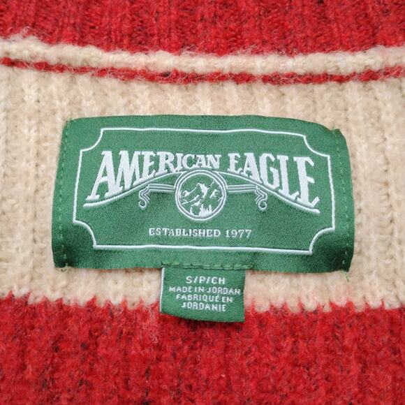 American Eagle Rugby Button Down Sweater Red and Beige Striped V Neck - Picture 5 of 9